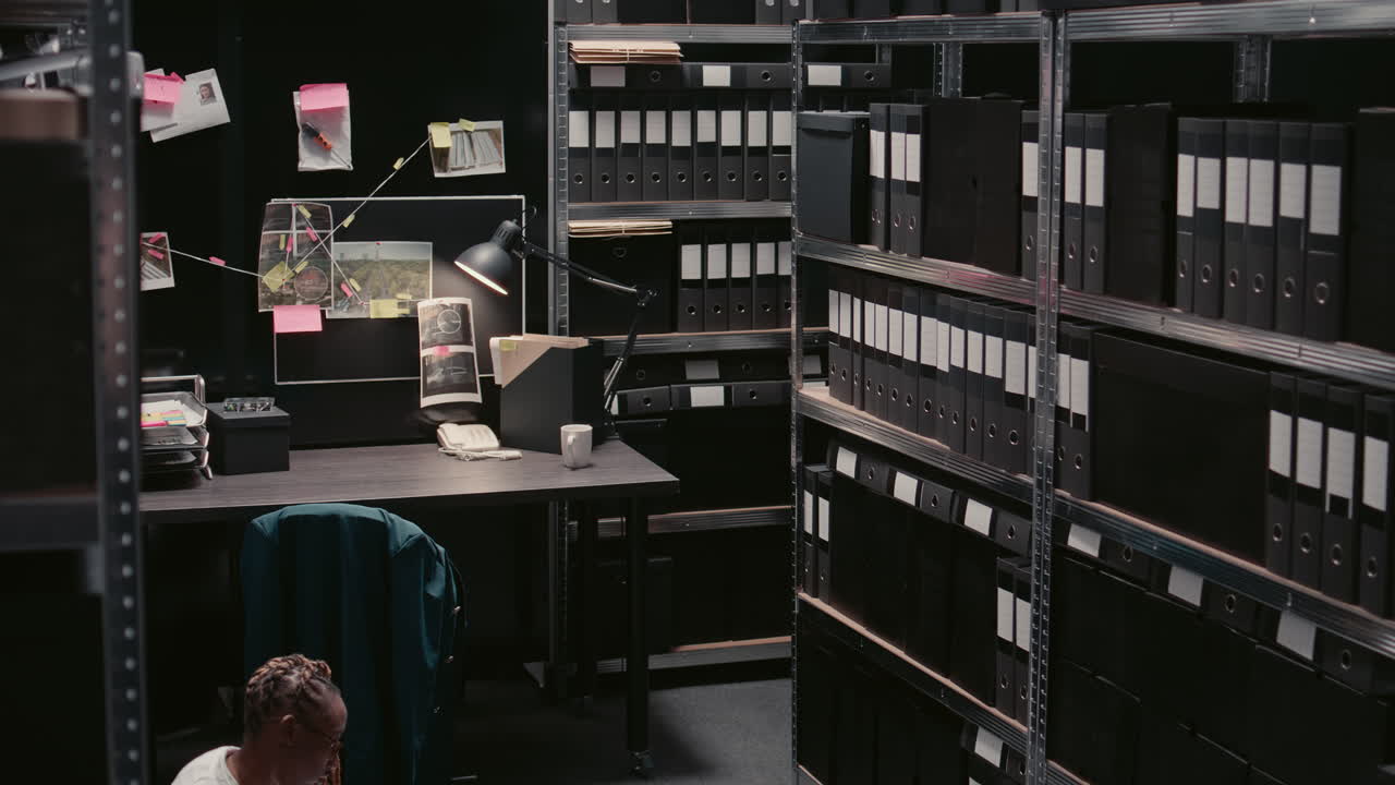 People working in an office storage room with shelves and files