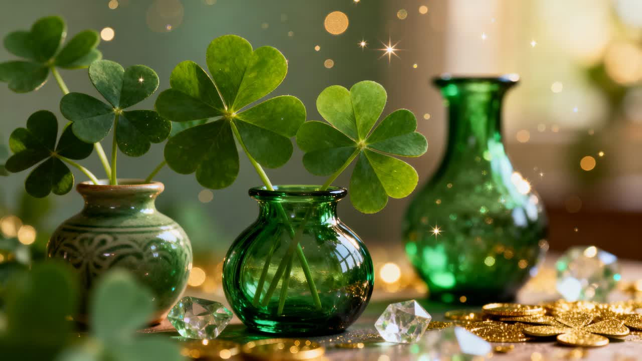 Shifting warm window light causing clover stems and vases gently swaying on tabletop, with sparkles