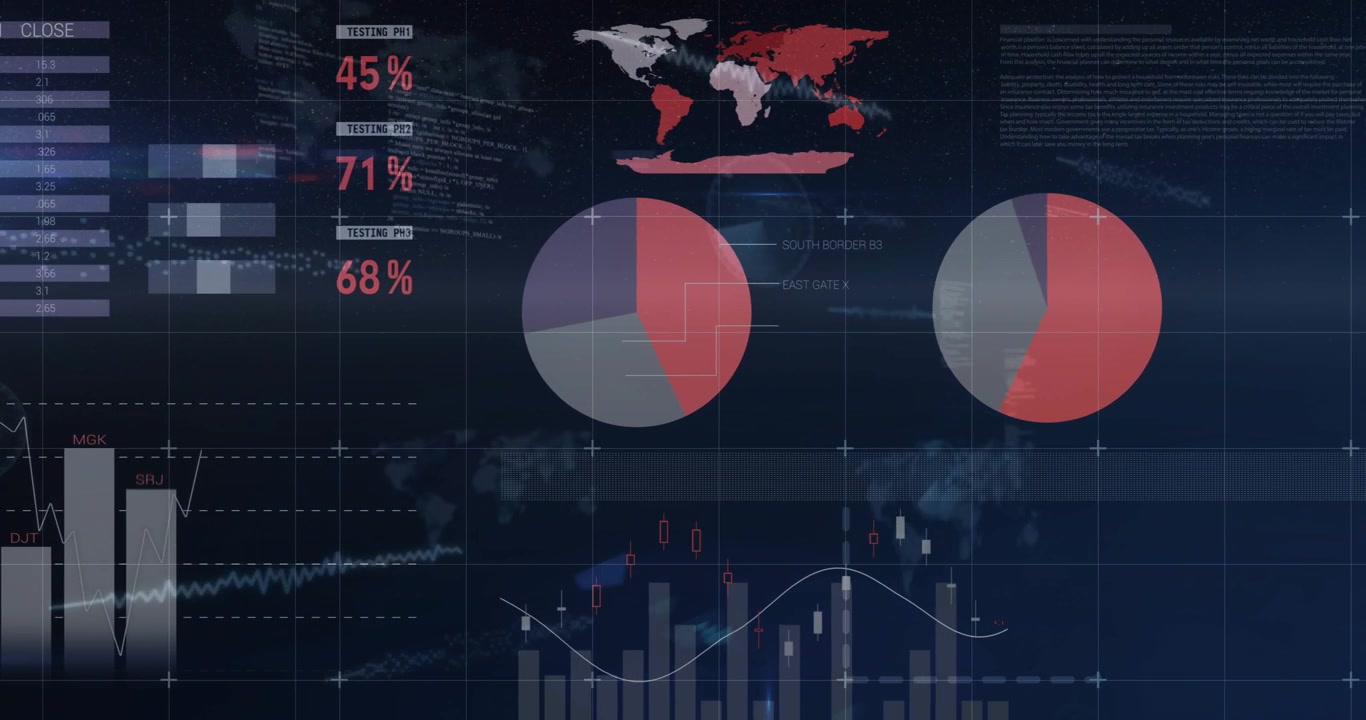 HUD dashboard on live feed, updating widgets, revealing pies, map and bars for business teams