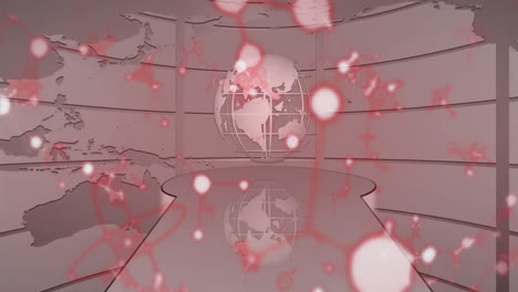 animation of red molecular structures overlaying globe and map in futuristic school