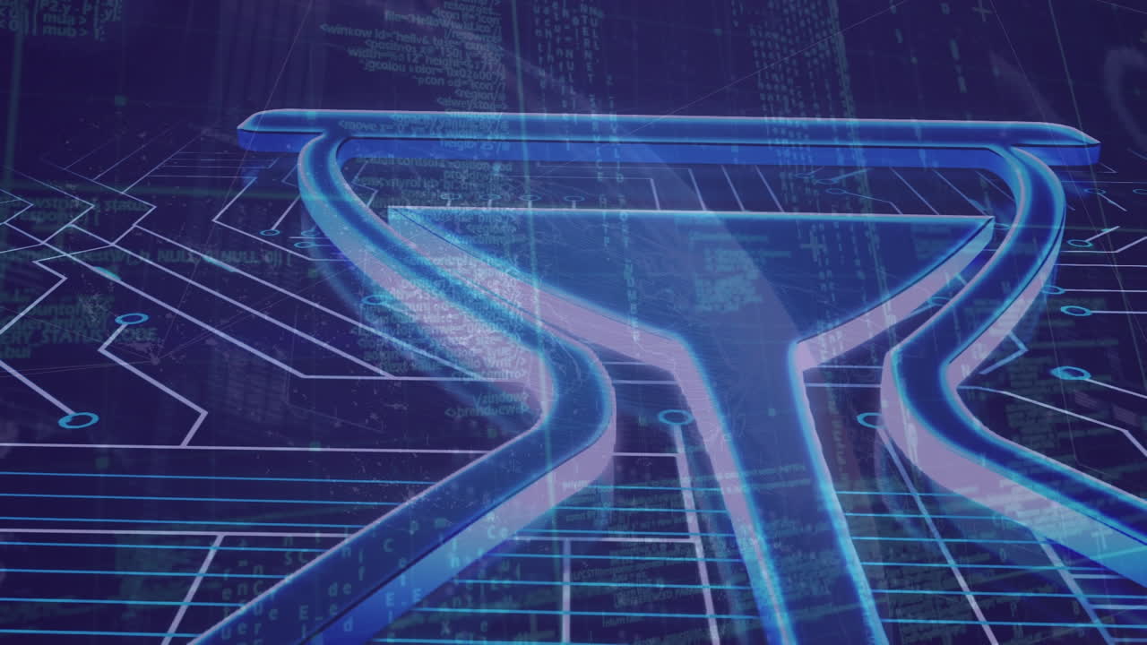 검은 바탕 위에 아이콘과 데이터 처리를 가진 컴퓨터 회로판의 애니메이션