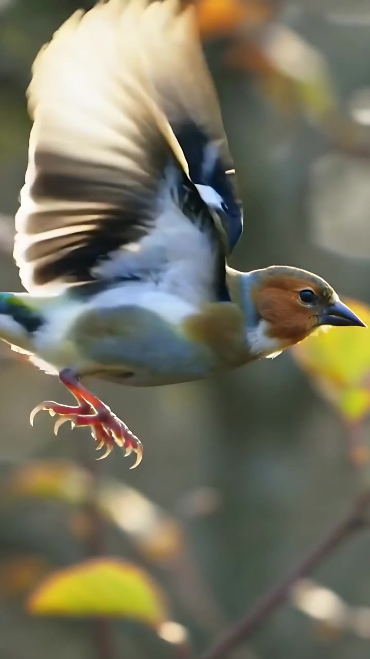 Video verticale: Sbattendo le ali, un piccolo fringuello si spinge da un ramoscello in giardino e vola a destra con una mangiatoia.
