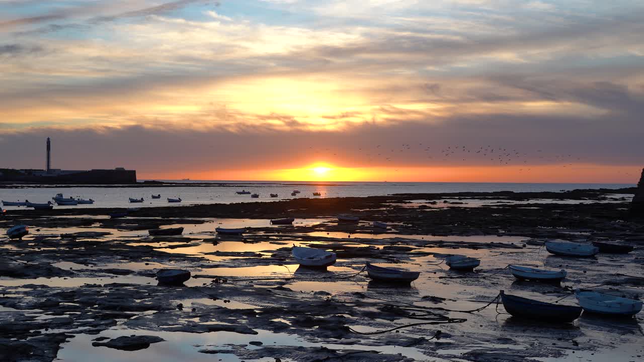 조류가 배경에 있는 썰물 바다의 놀라운 일몰 풍경