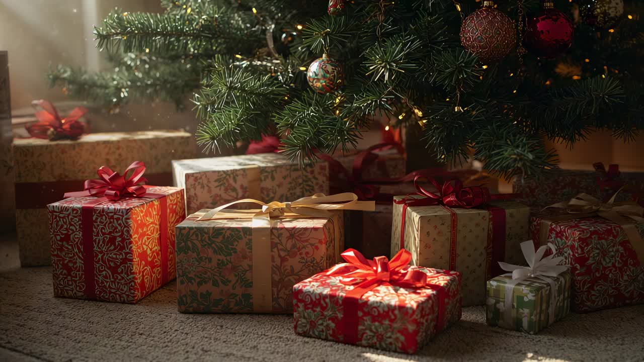 La luce del sole che scivola spingendo la telecamera ad angolo basso in avanti in casa, rivelando scatole regalo e decorazioni per l'albero