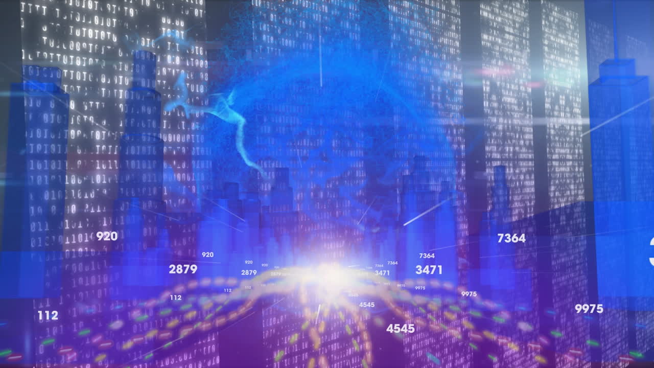 빛나는 컴퓨터 서버를 통해 데이터 처리를 통해 지구와 3d 도시 풍경의 애니메이션