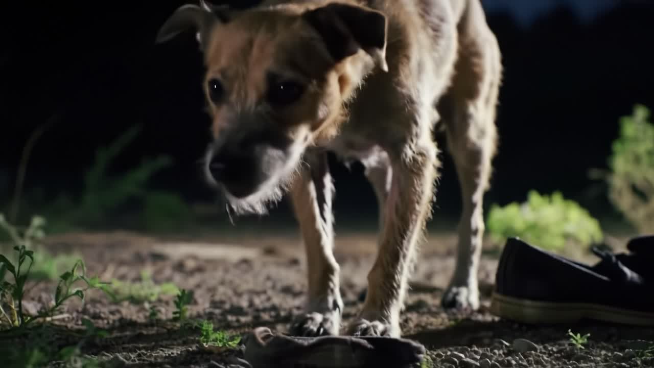 An Intimate Encounter with a Curious Dog Exploring Its Surroundings in Low Light, Capturing the Essence of Loyalty and Friendship in a Quiet Night Scene