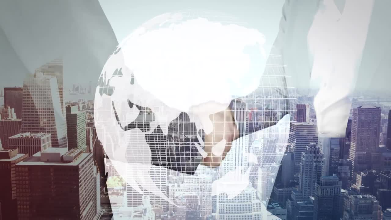 지구와 도시 풍경의 애니메이션 카우카스 사업가들이 손을 흔들고 있습니다.