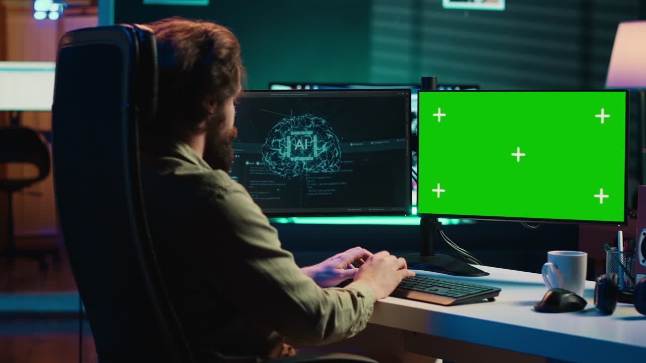ai volviéndose consciente, haciendo preguntas existenciales, computadora de pantalla verde