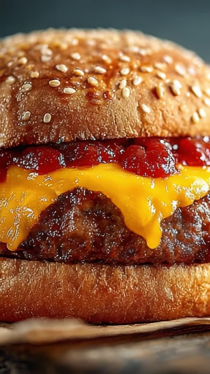 Primo piano appetitoso di un succoso cheeseburger con cheddar fuso e ketchup ricco su un morbido panino al sesamo, perfettamente grigliato e irresistibilmente invitante