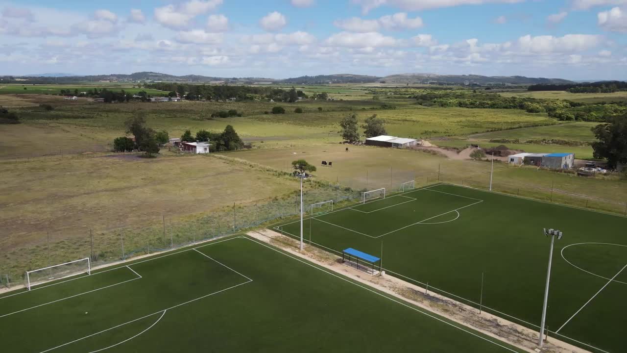 occer field rotating across rural landscape, revealing expansive green pitch with cloudy sky and distant countryside panorama