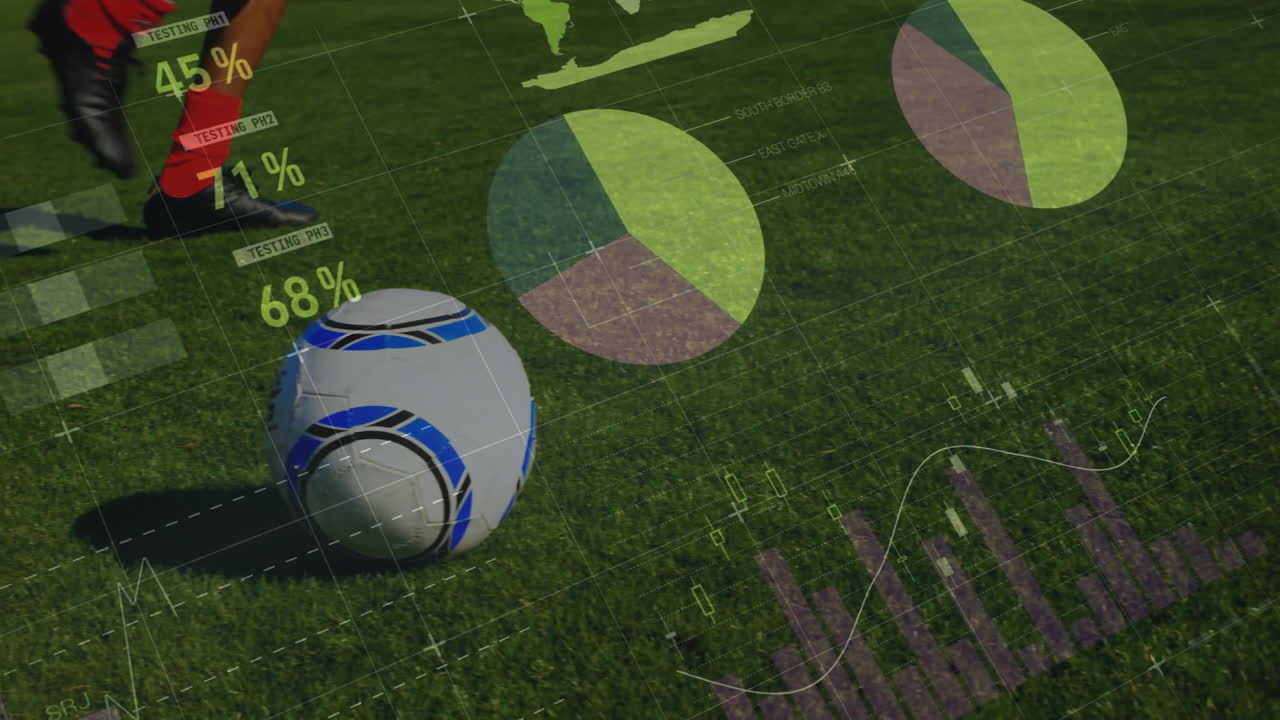 pelota de fútbol en el césped con estadísticas de rendimiento y animación de análisis de datos
