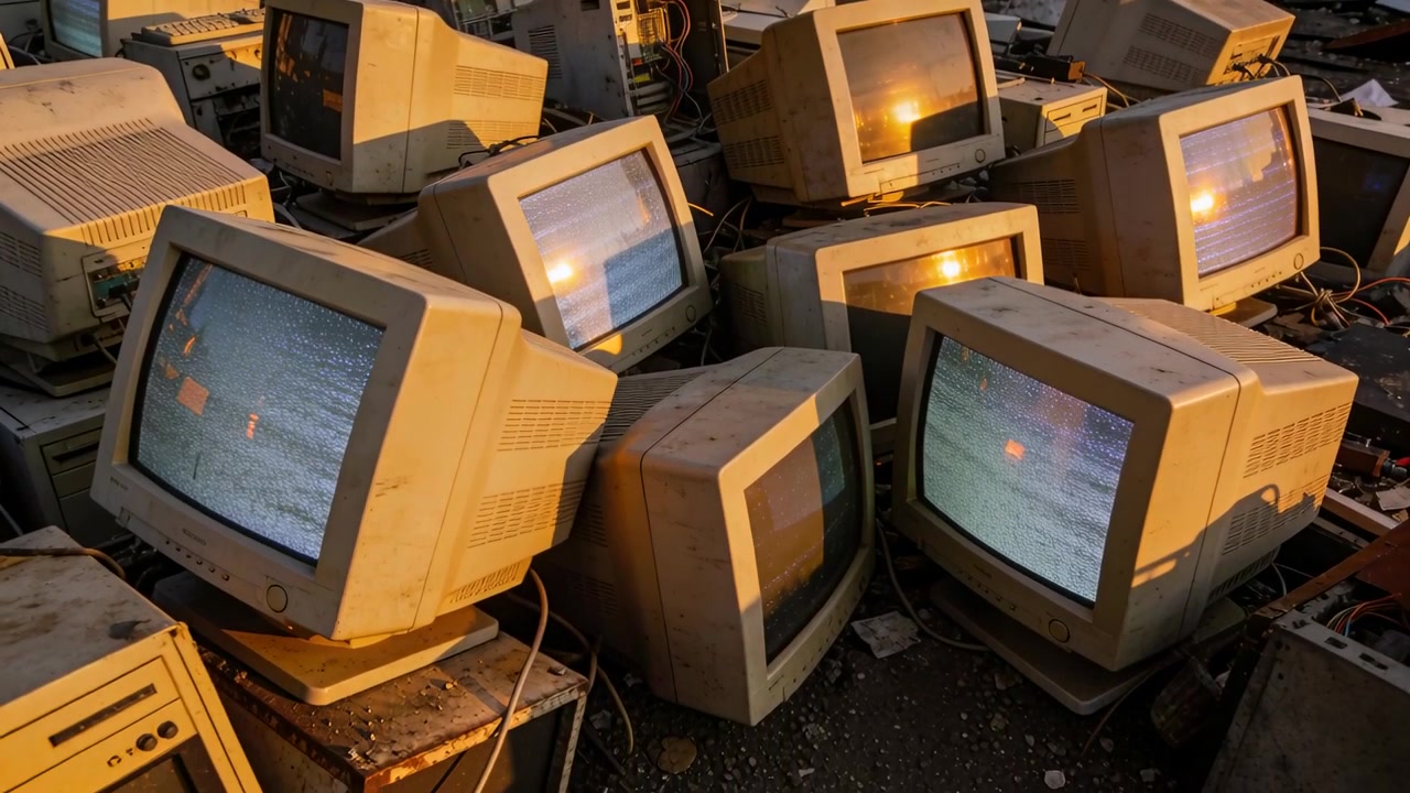 Moving camera approaching stacked CRT monitors and towers in scrapyard to reveal exposed internals