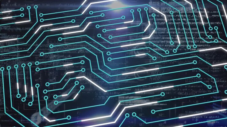 Animation of integrated circuit over data processing on black background