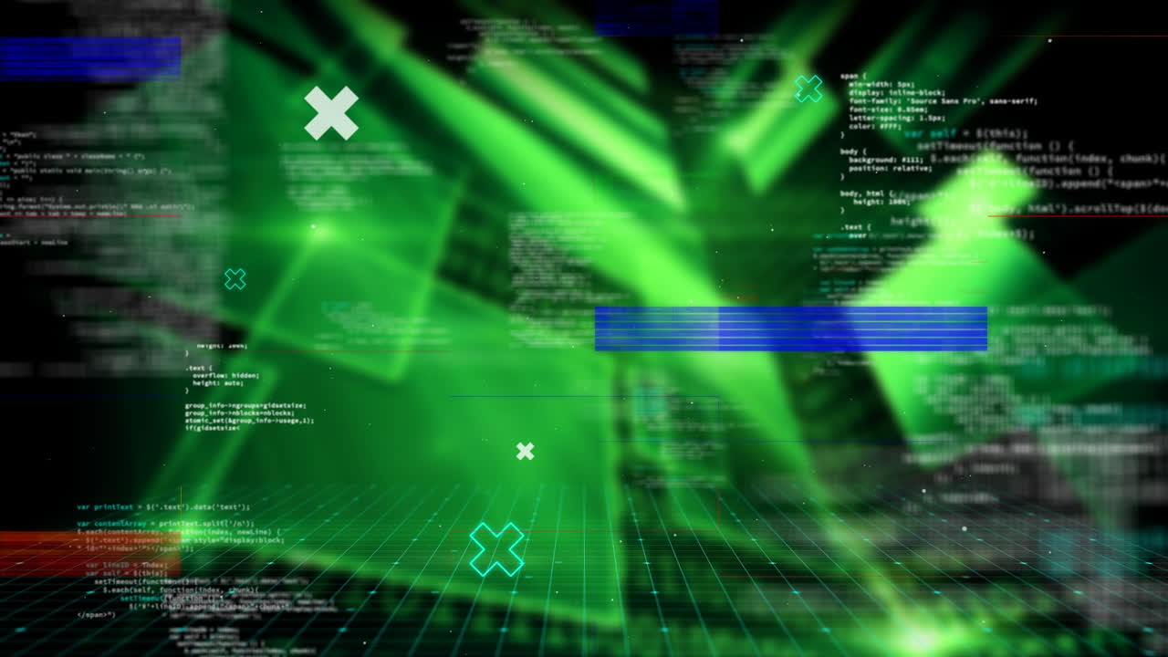 Animation of shapes and data processing over black background