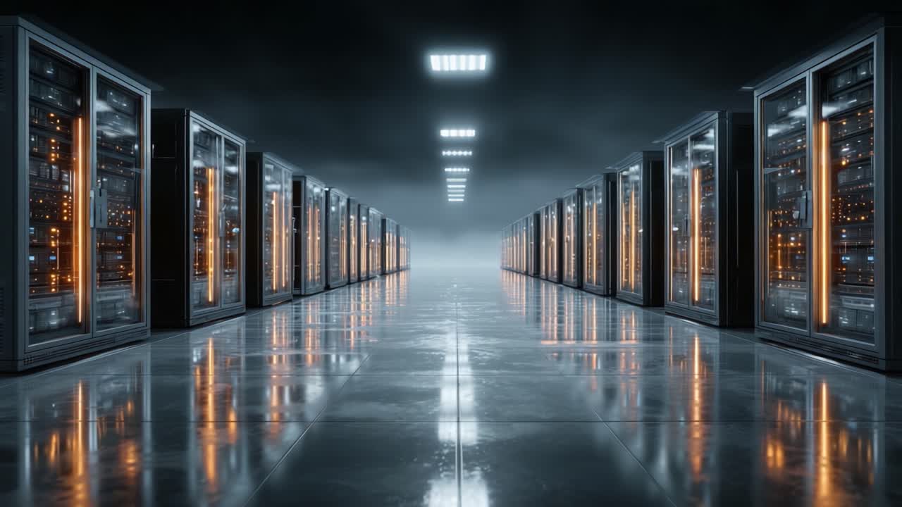 A Futuristic Data Center Featuring Rows of High-Tech Servers with Illuminated Panels and Reflective Floors in a Dimly Lit Environment, Ideal for Cloud Computing and Data Storage Operations