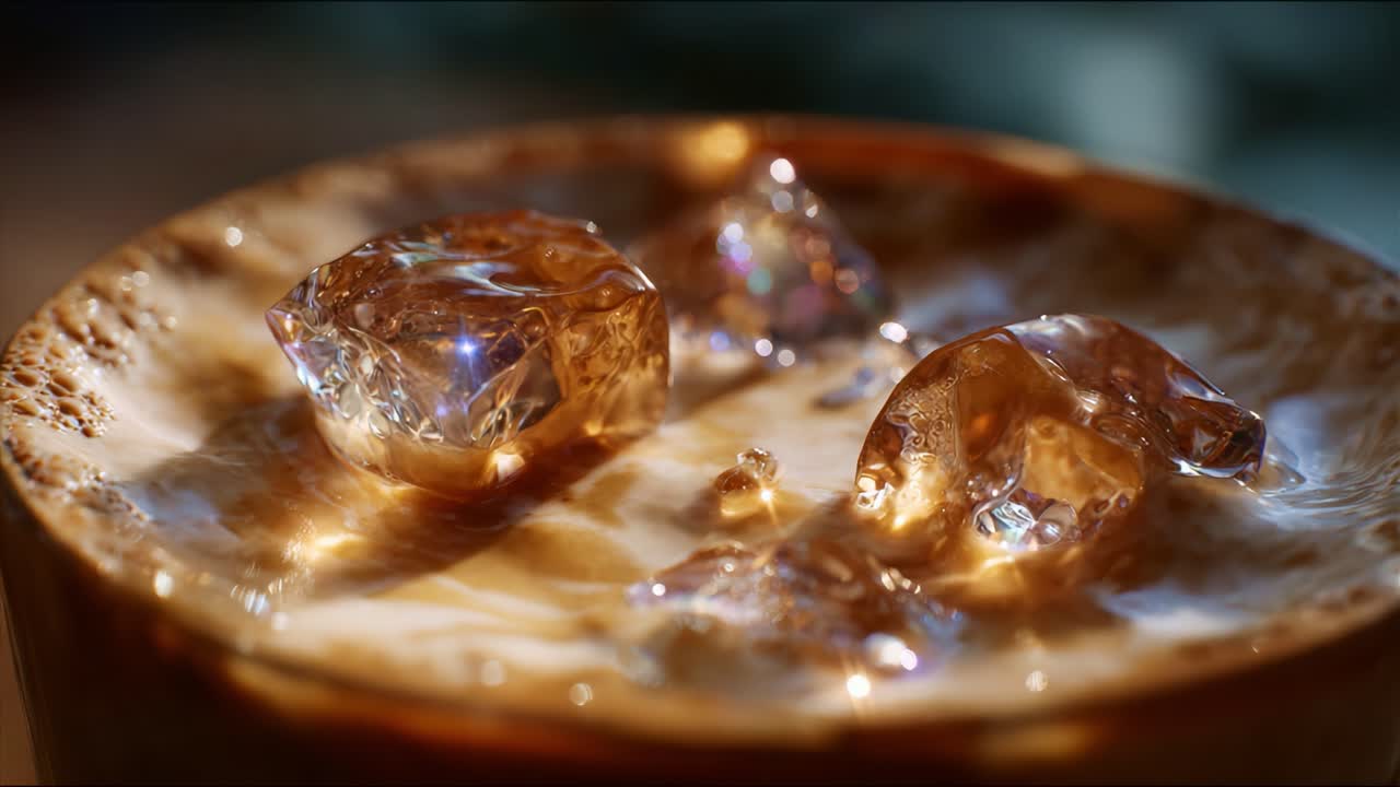 Close-Up of Refreshing Beverage with Ice Cubes Illuminating by Light Capturing the Details of a Creamy Texture and the Play of Colors in the Drink