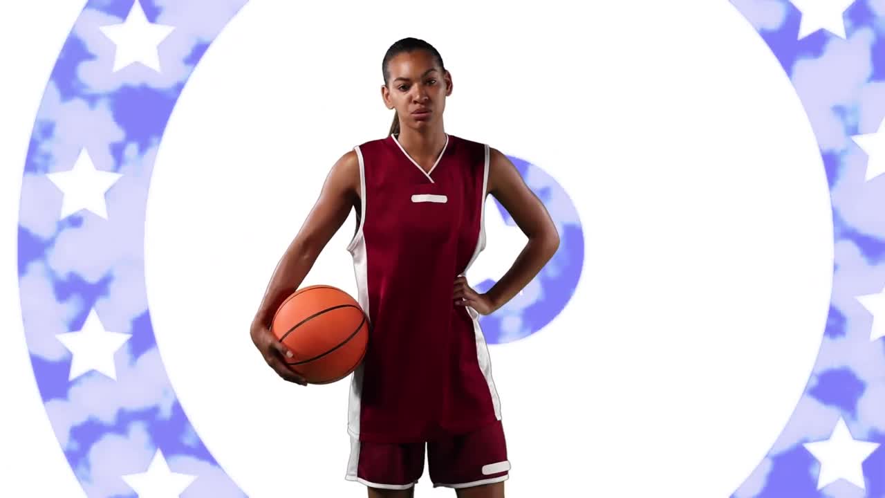 animación de una jugadora de baloncesto sobre el patrón de la bandera estadounidense y los círculos de colores