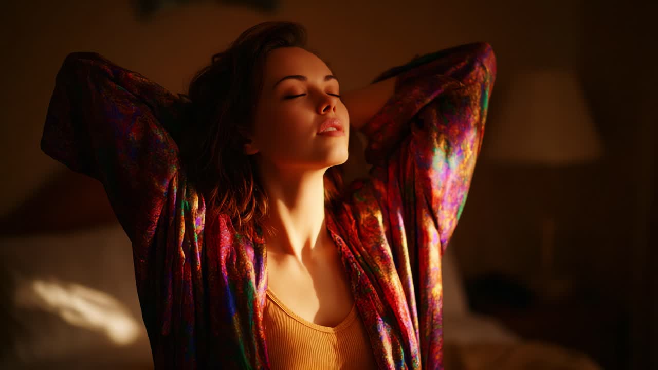 A Serene Moment of Reflection: A Woman in a Colorful Robe Enjoys a Peaceful Sunrise as She Meditates in Her Cozy Bedroom, Embracing Tranquility and Inner Calmness in a Softly Lit Space