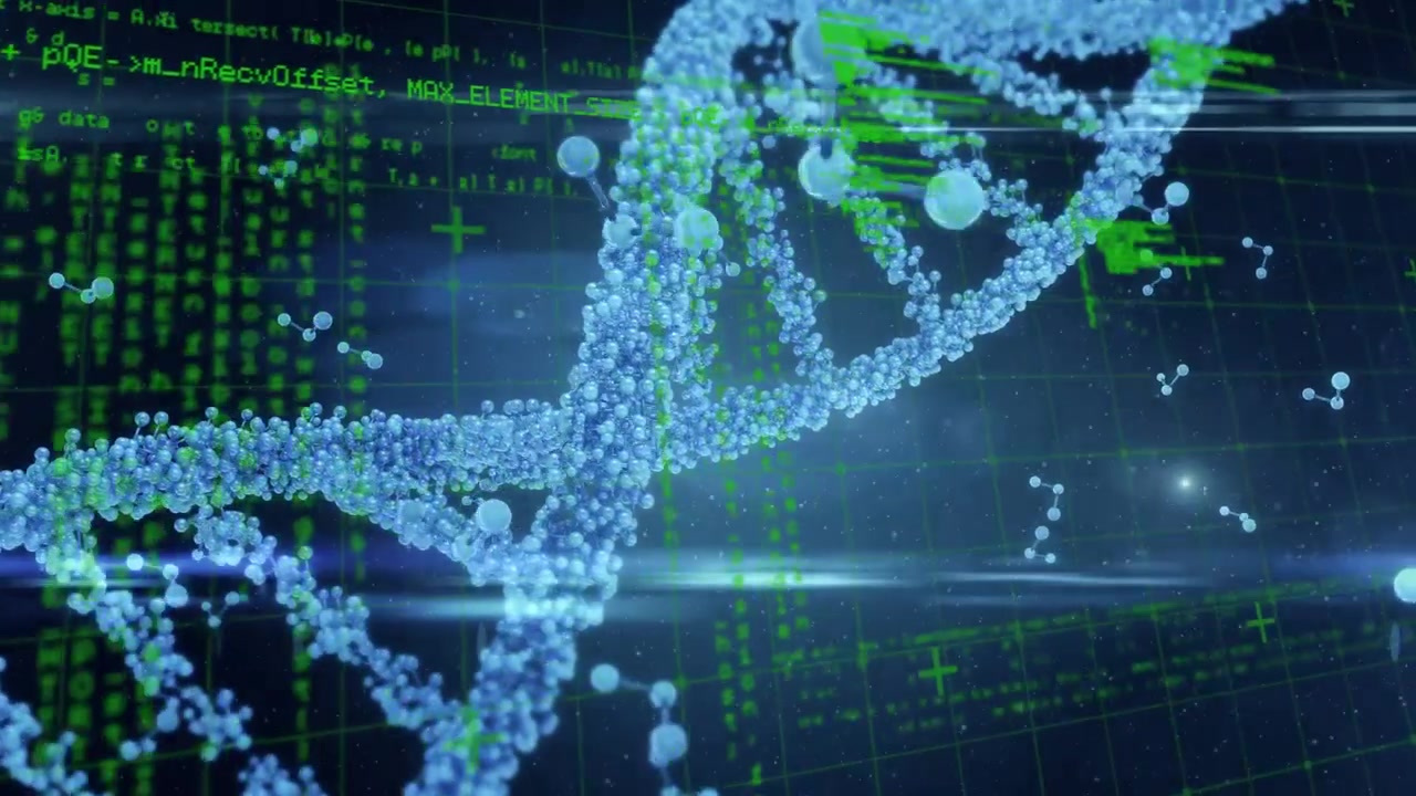Animation of data processing over 3d dna strand spinning
