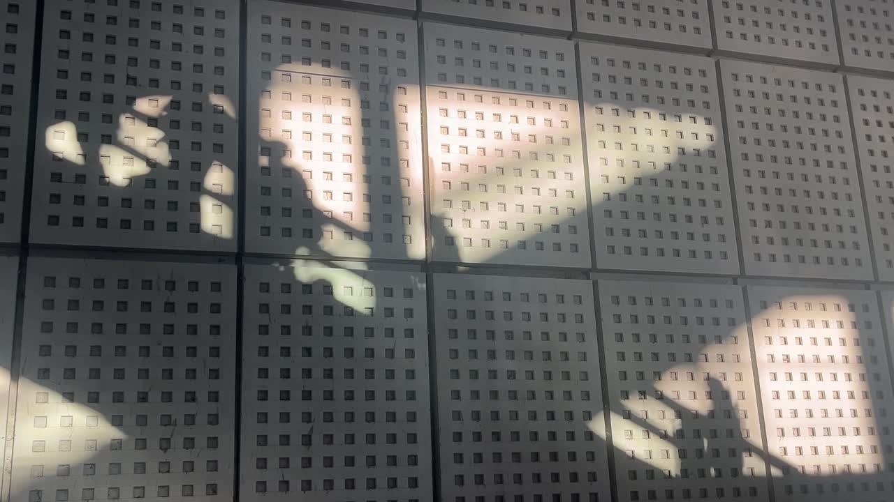 A fixed shot captures shadows of an escalator and people projected by sunlight on a patterned wall in a train station, creating a poetic and graphic scene