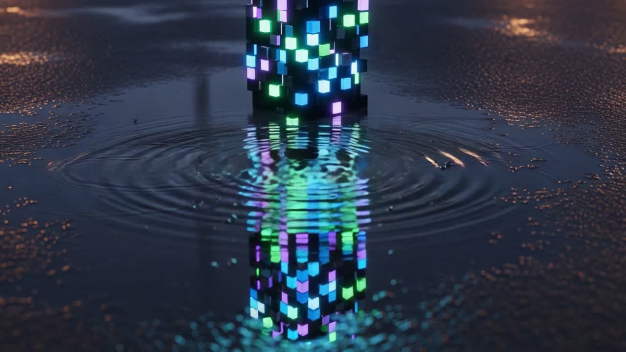 Illuminated Tower Reflections in Rain: A Stunning Visual Display of Colorful Pixels Captured in Glistening Puddles During a Rainy Evening