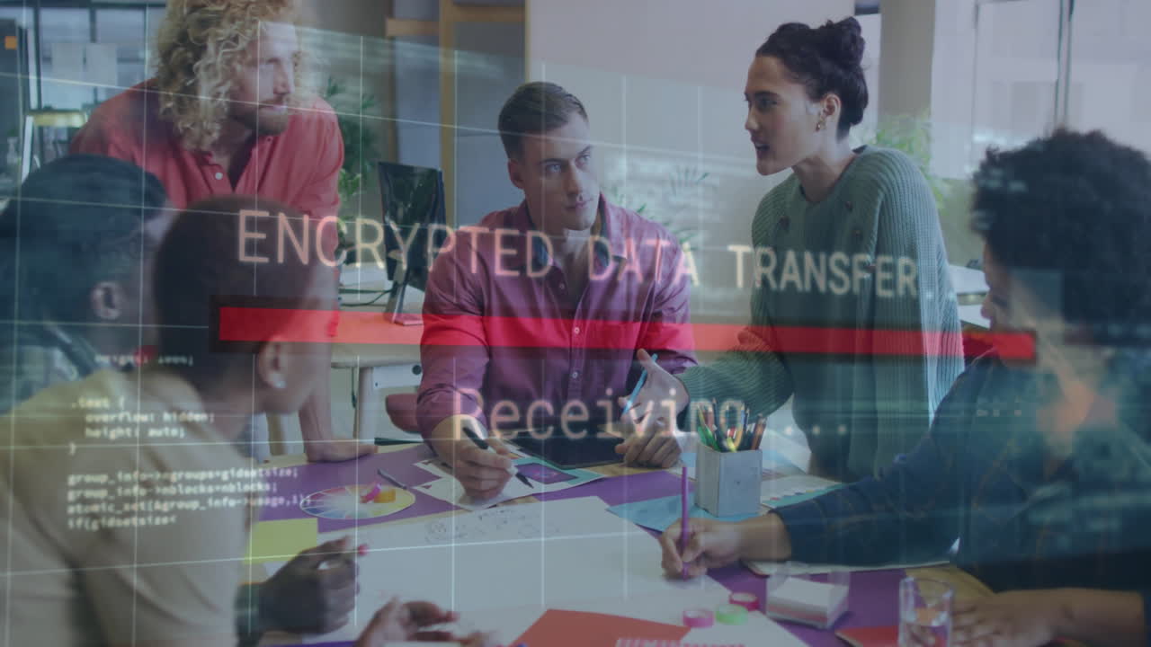 Diverse team collaborating at office with encrypted data transfer animation overlay