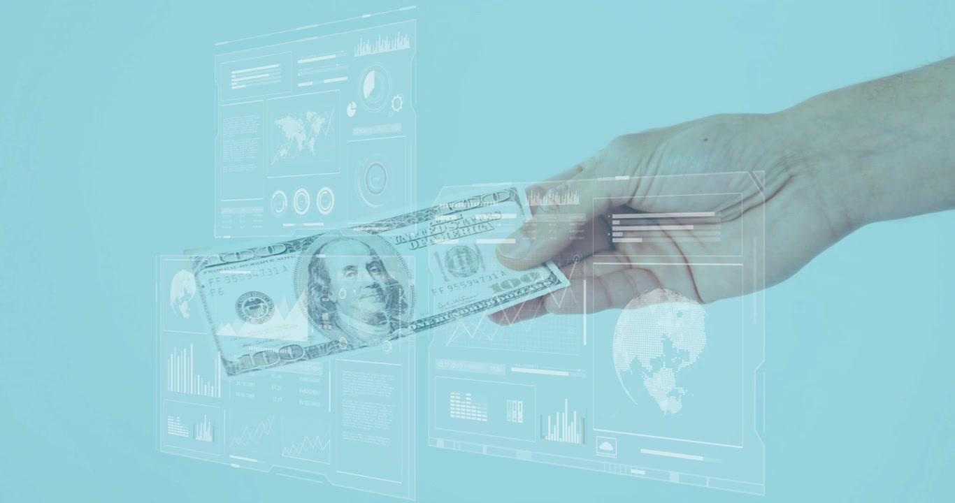 Hand entering from right, holding US $100 bill, tilting while UI panels moving, offering payment
