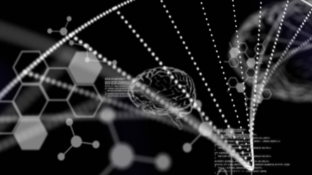 검은색 배경에서 의료 데이터 처리에 대항하여 dna 구조가 형성됩니다.