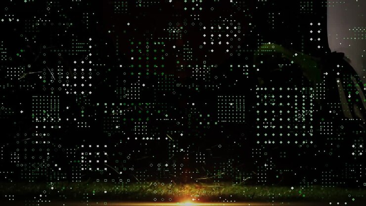 Animation of digital matrix pattern with glowing light on dark background