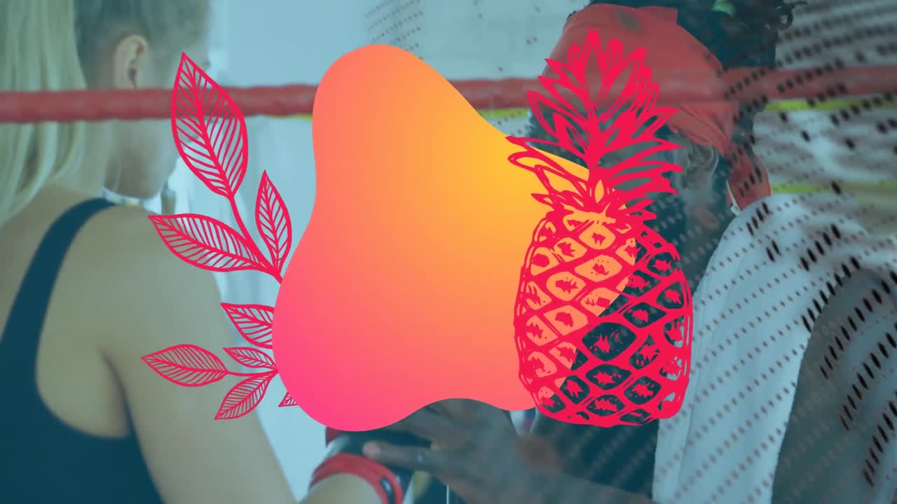 링에 있는 다양한 여성과 남성 권투 선수에 대한 파인애플과 오렌지 모양의 애니메이션