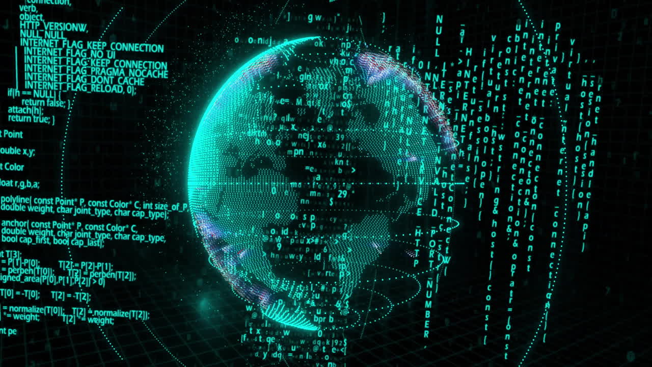 Animation of digital globe with binary code representing global data in technology