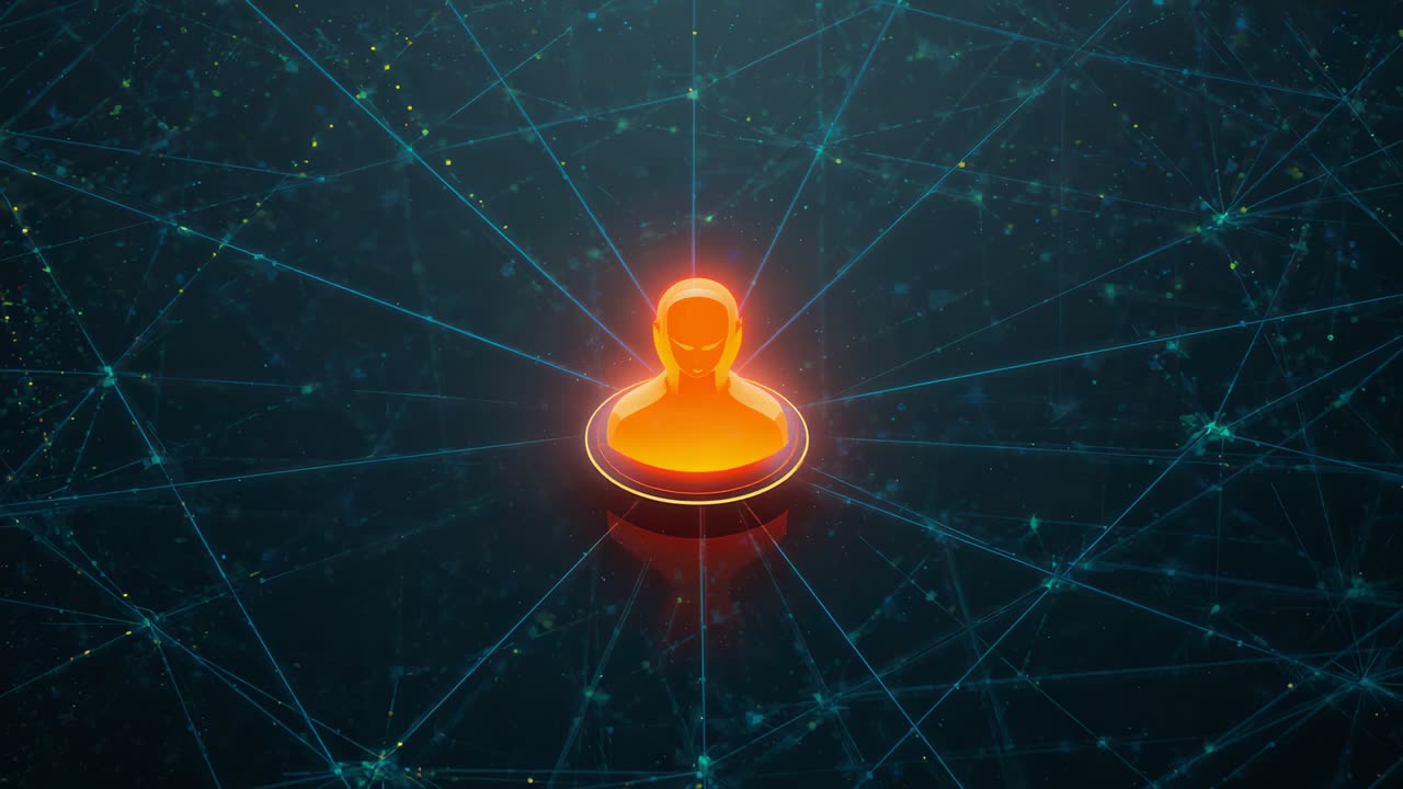 Pulsing orange avatar core glow starting lifting and linking to glossy network plane with base rim