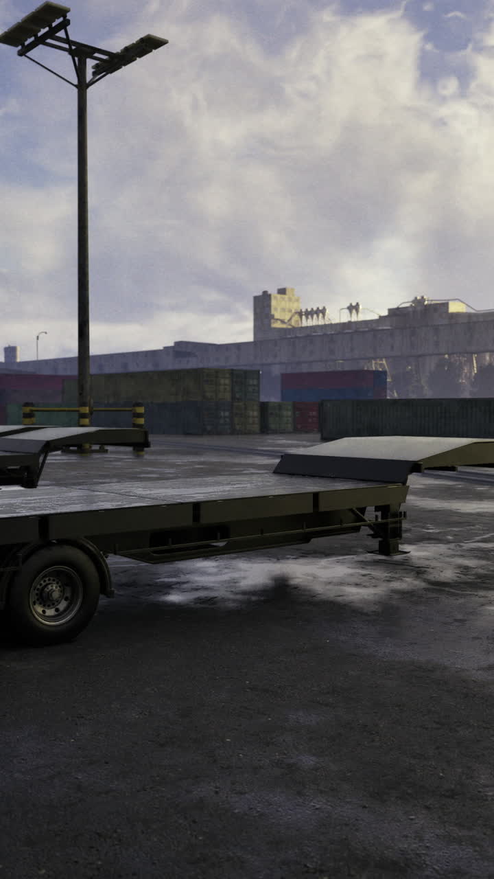 Truck trailers parked at a shipping yard during a cloudy afternoon