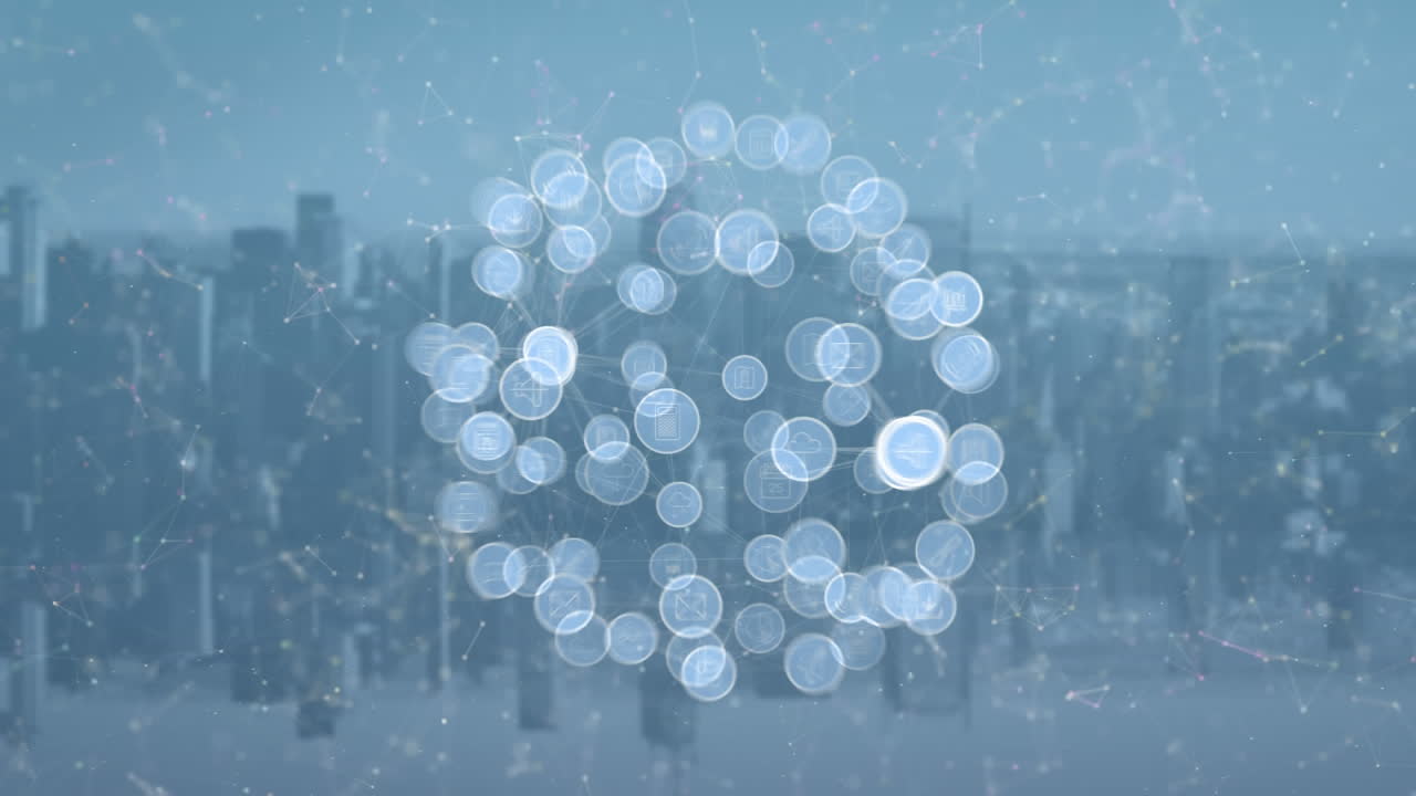 도시 풍경을 배경으로 디지털 아이콘의 세계