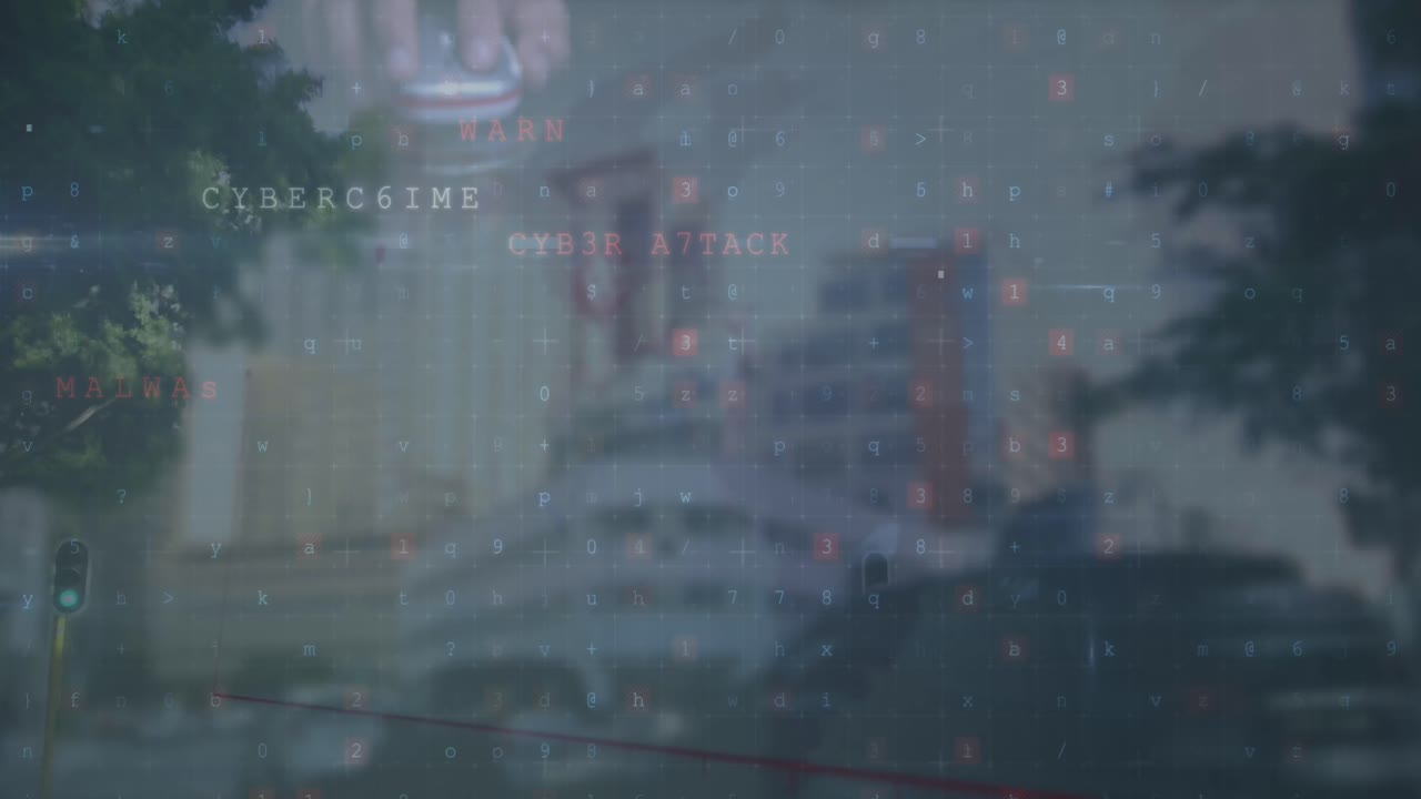 숫자와 그래프의 애니메이션: 마우스와 도시 풍경을 들고 있는 백인 남자의 손