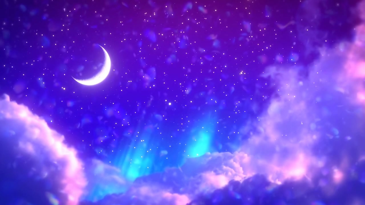 Magical Night Sky with Crescent Moon, Stars, and Aurora Clouds