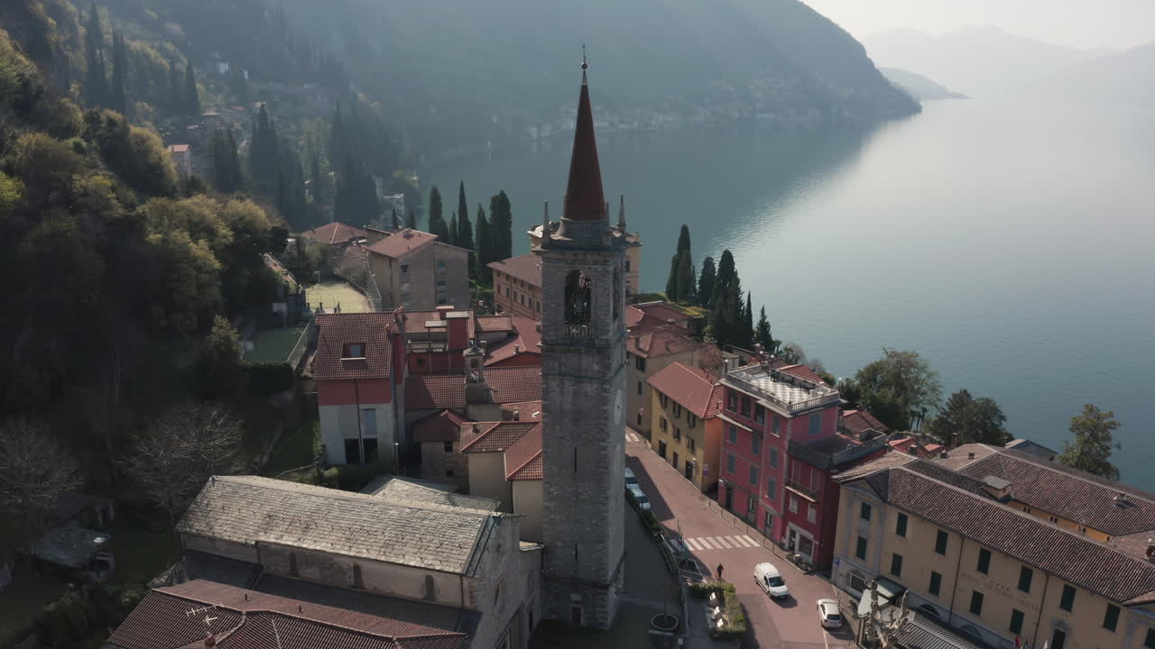 Drone View of a Church in Varenna, Lake Como, in Italy