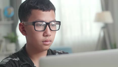 close up teenage boy learning online from laptop in living room