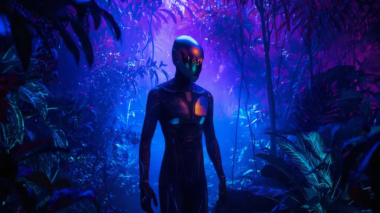 A futuristic robot in a lush jungle environment