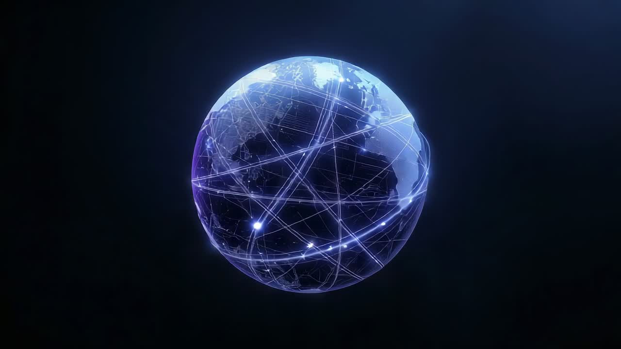 Playback starting, glass globe rotating, revealing continents in space, tracing arcs, pulsing nodes