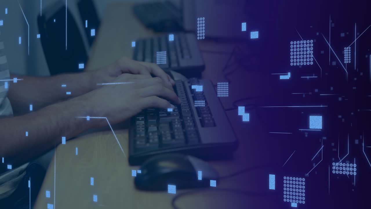 animación de procesamiento de datos sobre el hombre caucásico utilizando el fondo de la computadora