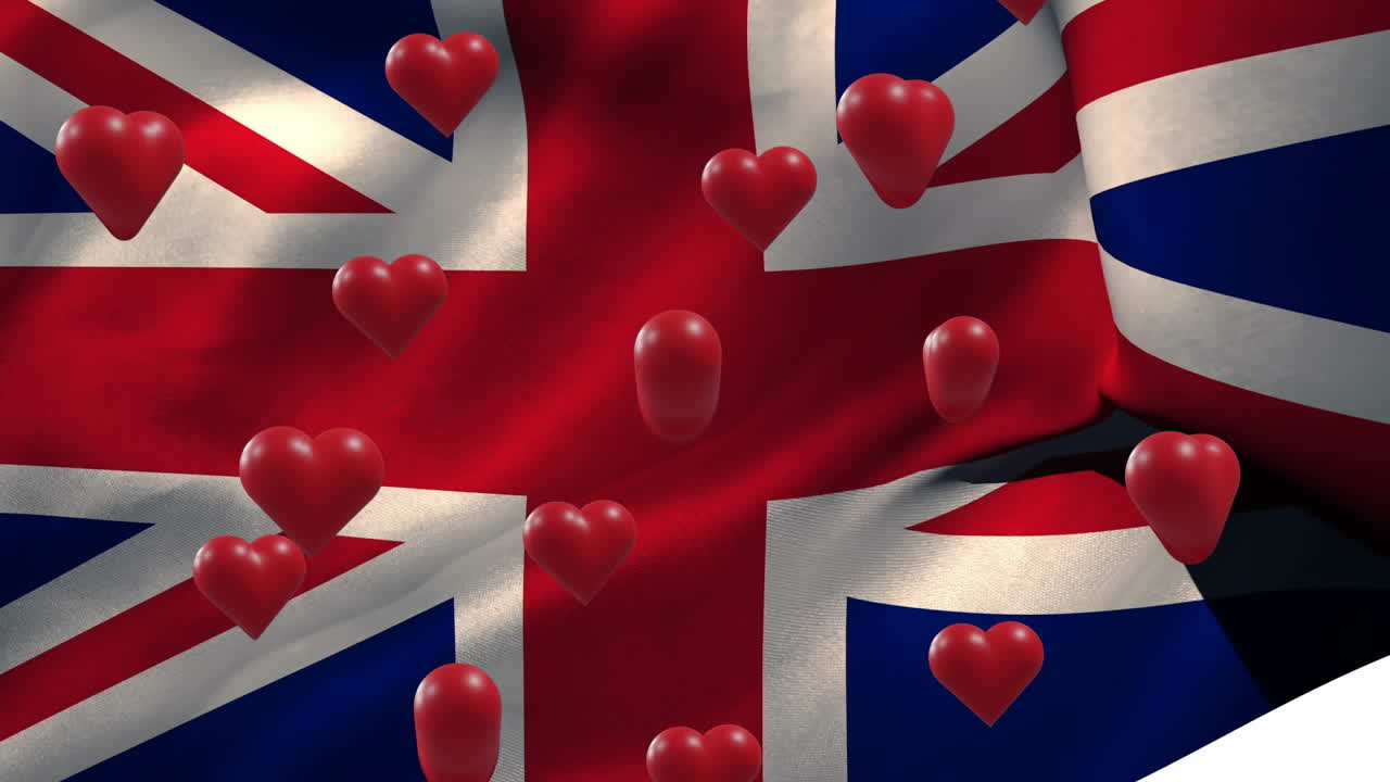 Animation of red hearts moving over flag of uk