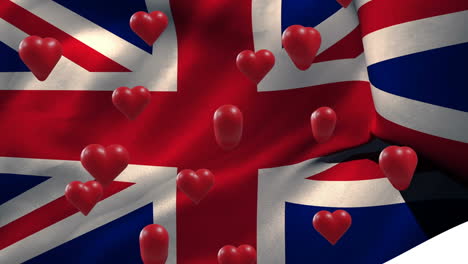 animation of red hearts moving over flag of uk