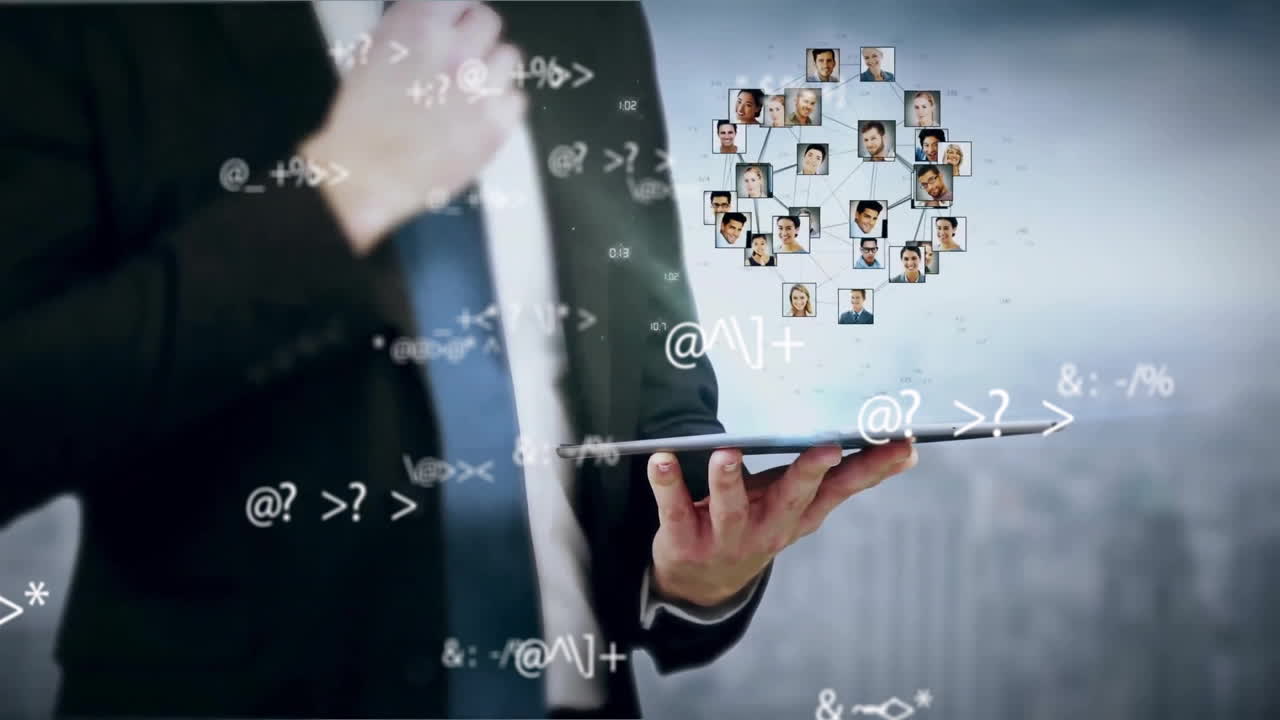 태블릿을 들고, 연결 네트워크를 가진 사업가 배경에 애니메이션