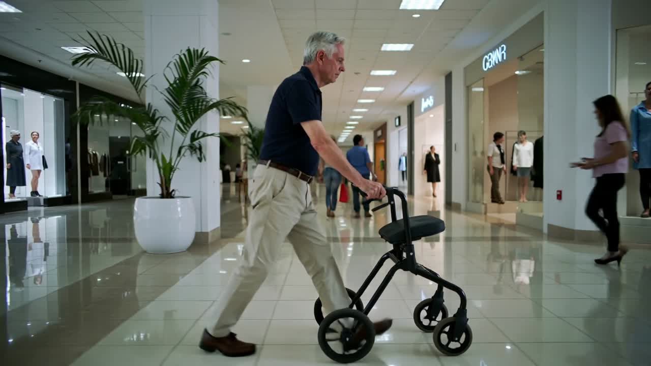 Walking senior in navy polo pushing rollator entering from left in mall corridor, heading to stores