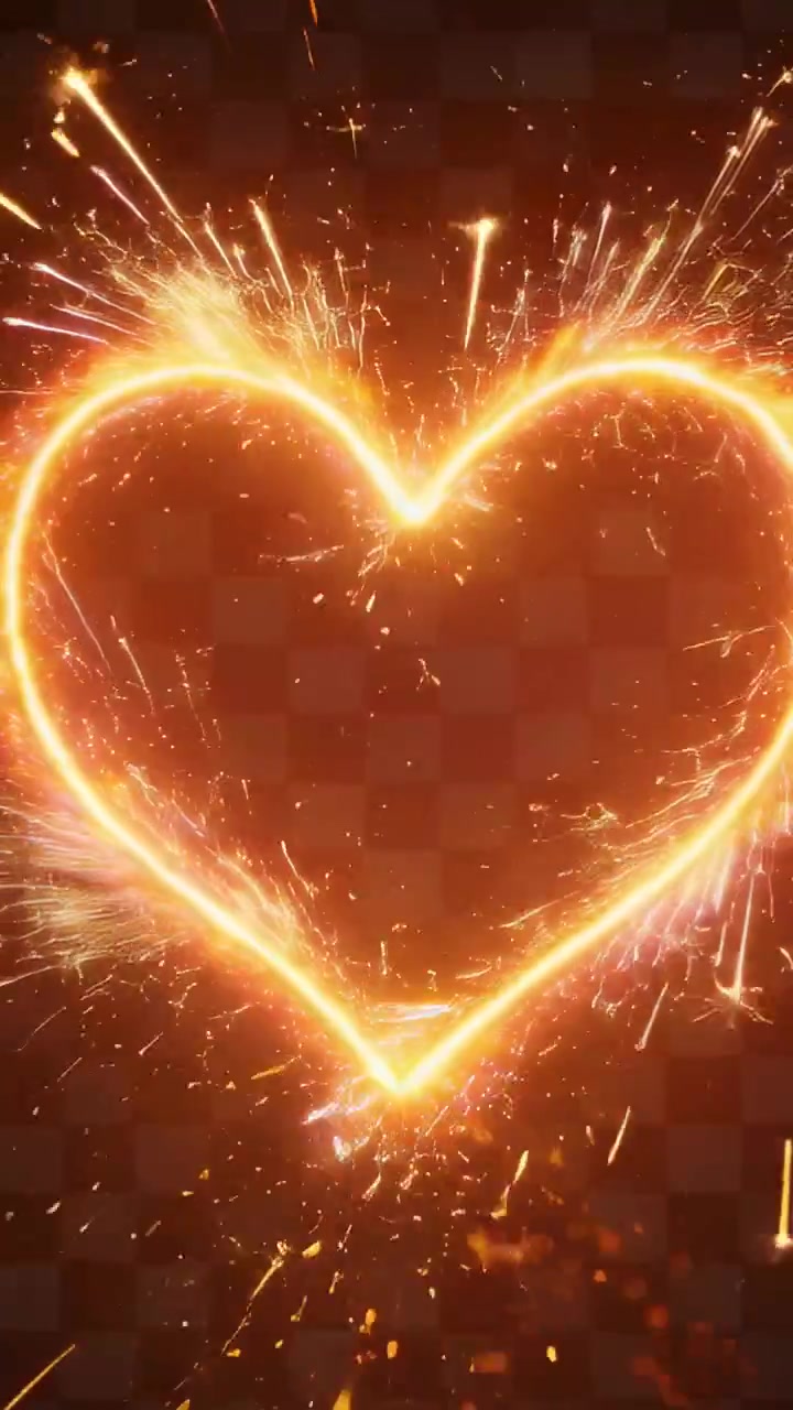 Video verticale: Cuore luminoso che traccia e invia scintille da un'esplosione dal basso su uno sfondo a scacchiera.