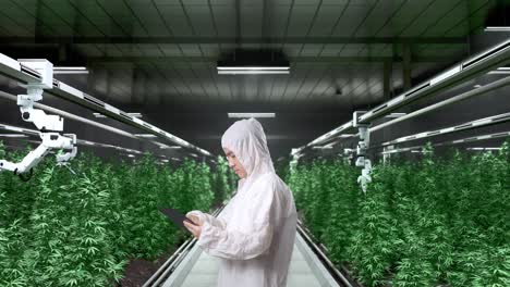 side view of asian marijuana researcher using tablet and looking around while standing in the marijuana greenhouse with smart robotic farmers