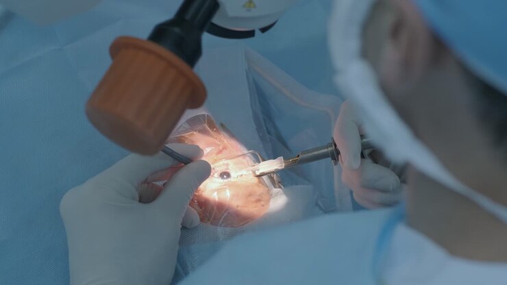 Cataract surgery close up. Surgeon operating eye cataract in hospital surgery