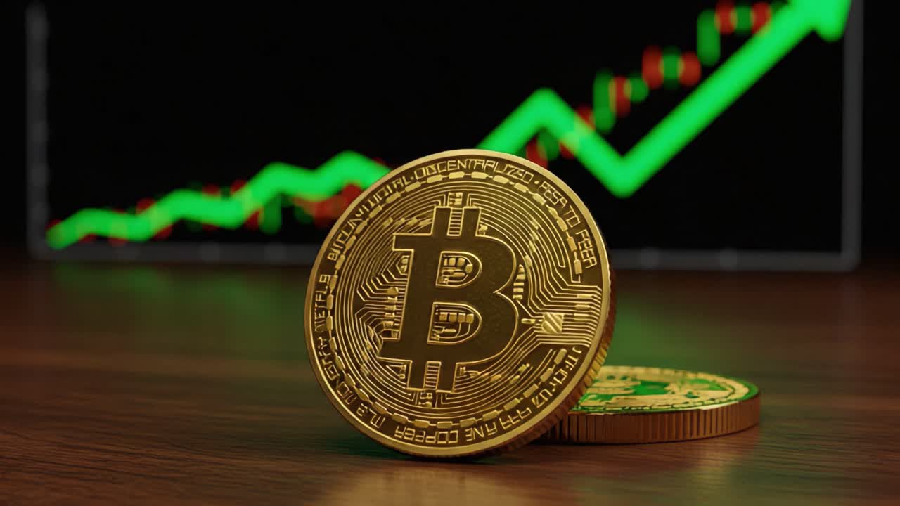 A Glimpse into Cryptocurrency Success: Two Golden Bitcoin Coins Shine with a Steady Upward Trend Graph in the Background, Symbolizing Growth and Investment Potential