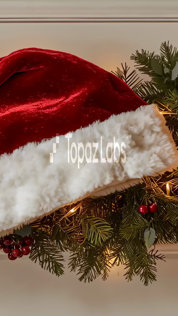 Vertical video: Moving shot revealing red Santa hat on fir garland showing baubles lights TopazLabs